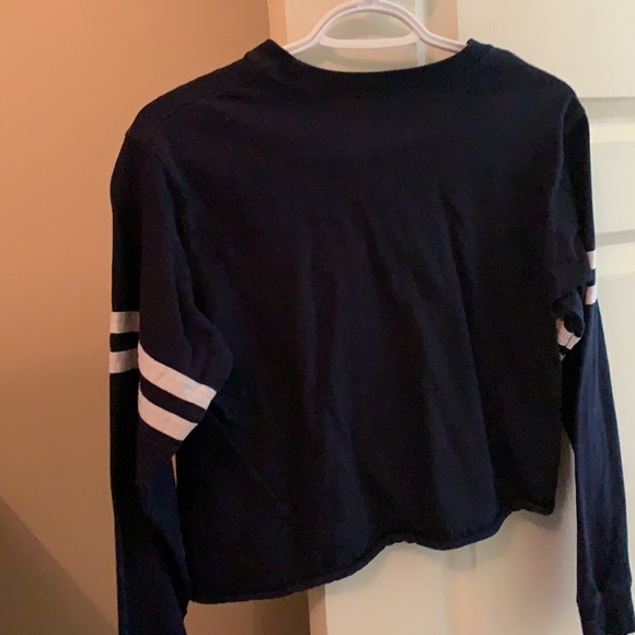 Navy sweatshirt, striped on arms, cropped. - Picture 2 of 3